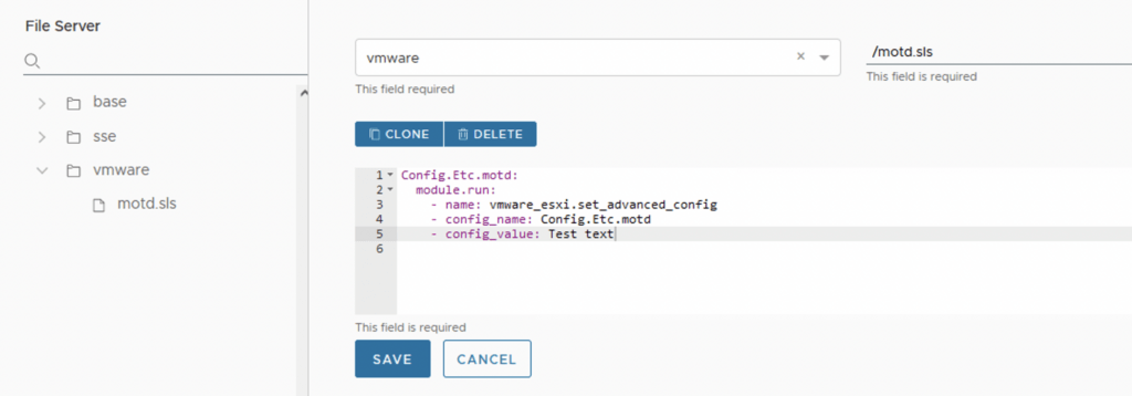 Navigating through SaltStack Config, creating a new environment, and editing a module file.