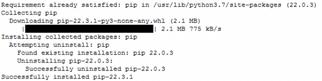 The image shows a pip upgrade process, indicating existing pip version 22.0.3 is being replaced with version 22.3.1.