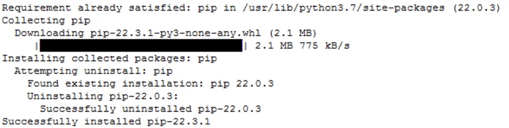 The image shows a pip upgrade process, indicating existing pip version 22.0.3 is being replaced with version 22.3.1.