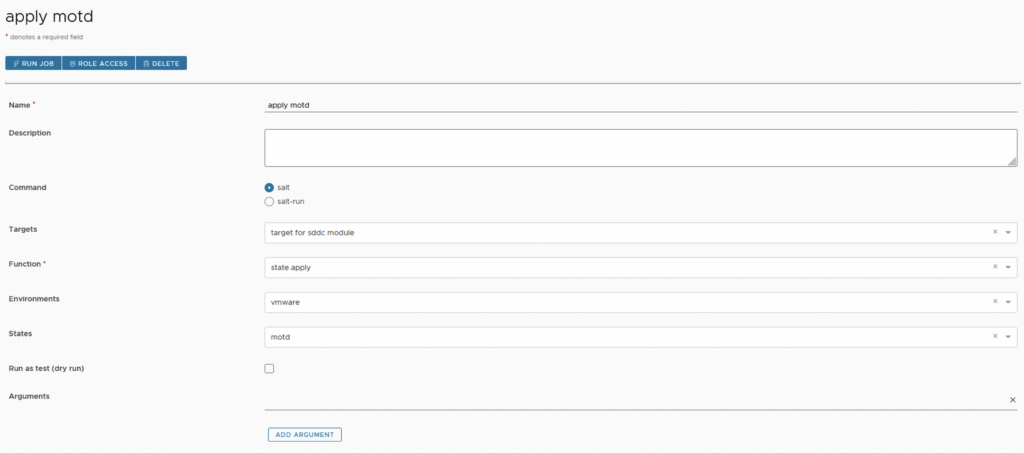 Configuring SaltStack job for SDDC module with ‘state.apply’ function in VMware environment.