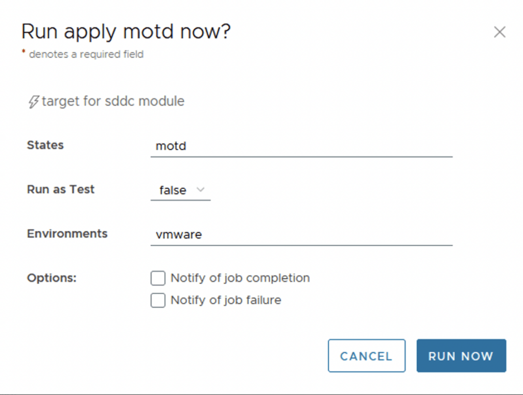 UI shows “Run apply motd now?” with options for states, run as test, environments, and notification options.