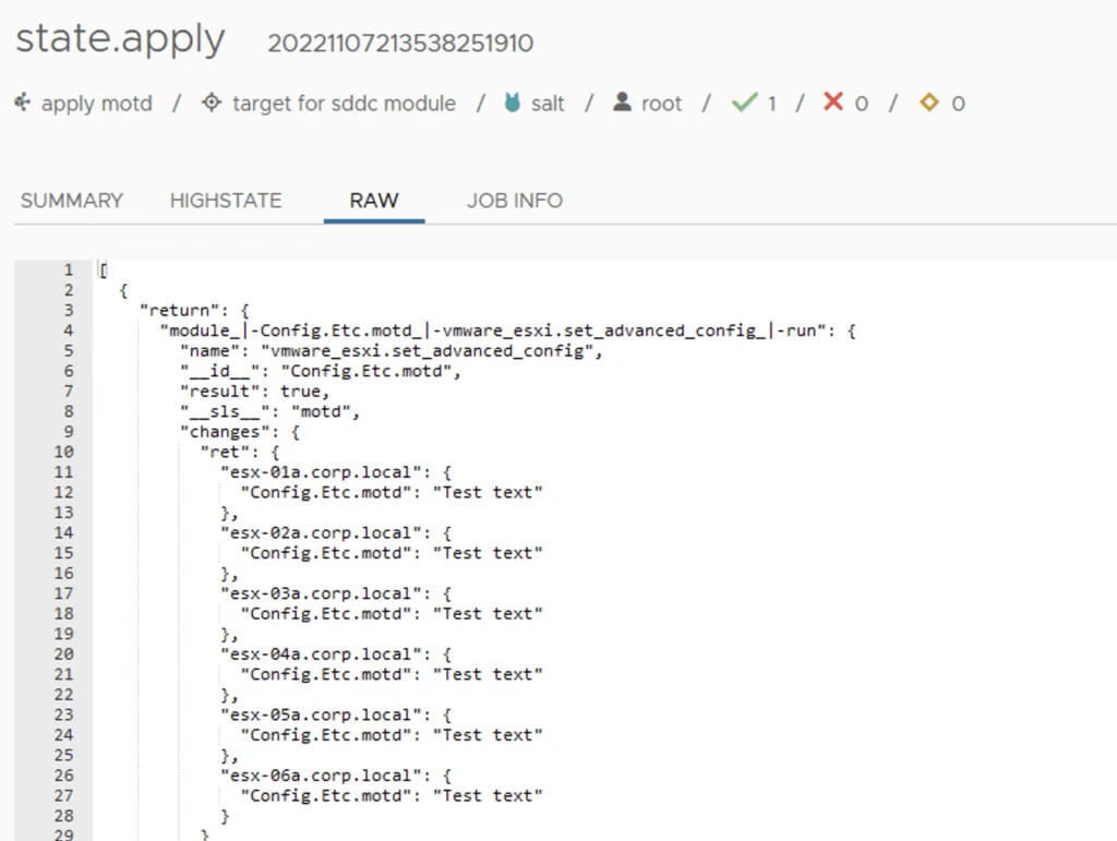 Screenshot shows successful state.apply output for vSphere SDDC configuration.