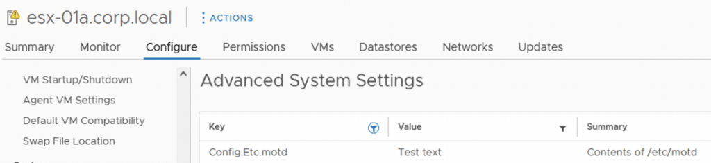 Advanced System Settings in vSphere UI shows Config.Etc.motd set to “Test text”.
