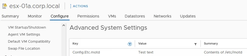 Advanced System Settings in vSphere UI shows Config.Etc.motd set to “Test text”.