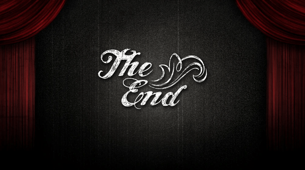 The image shows “The End” text on a black background with red curtains, likely a closing screen for a presentation or video.