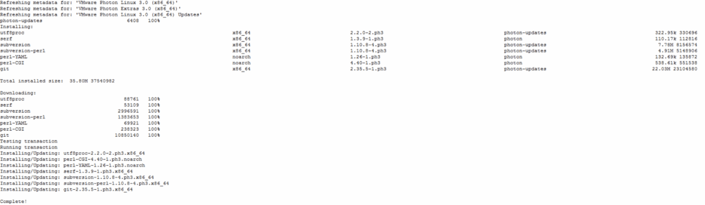The image shows a software installation process, listing packages and their sizes, indicating a successful installation.