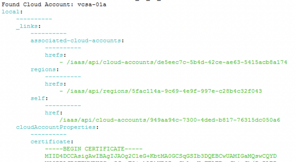 API response showing cloud account details and associated regions for vcsa-01a.