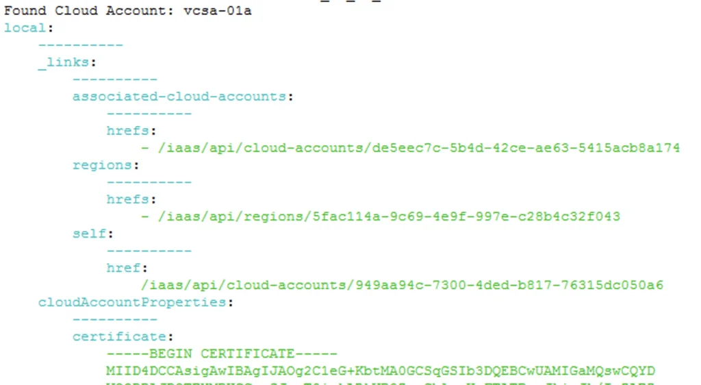 API response showing cloud account details and associated regions for vcsa-01a.