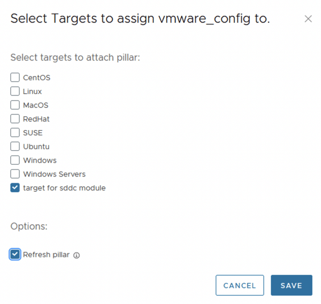 Select targets for VMware config in SDDC SaltStack wizard.