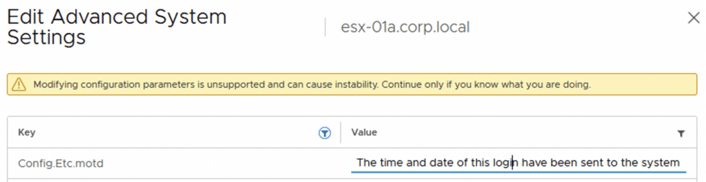 Editing advanced system settings in vSphere with a warning about unsupported modifications.