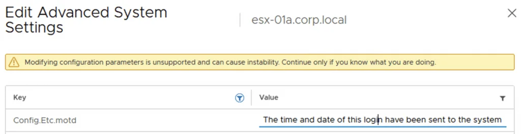 Editing advanced system settings in vSphere with a warning about unsupported modifications.