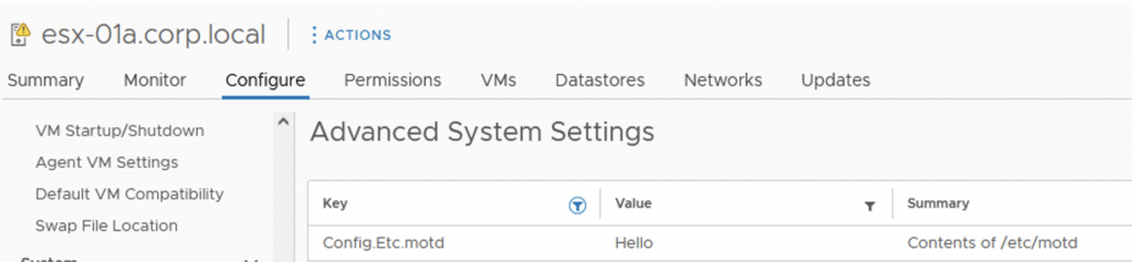 vSphere UI shows advanced settings for system configuration.