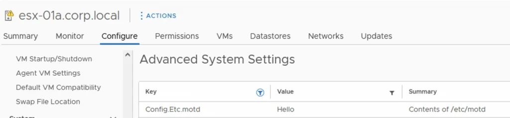 vSphere UI shows advanced settings for system configuration.