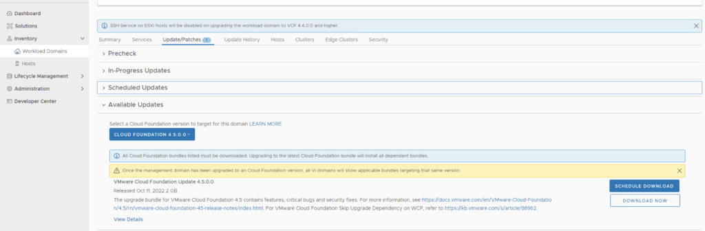 Upgrading VCF 4.5.0.0, download available via Update/Patches tab.