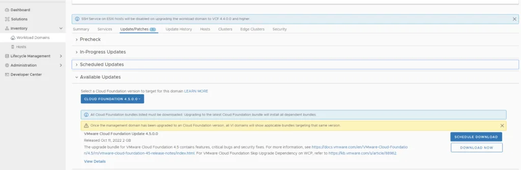 Upgrading VCF 4.5.0.0, download available via Update/Patches tab.