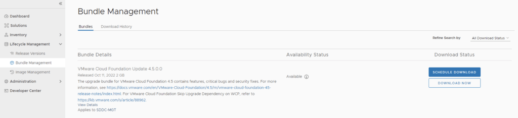UI shows Bundle Management with VMware Cloud Foundation Update 4.5.0.0 available for download.