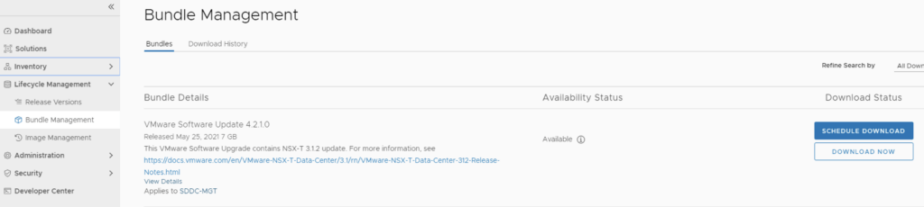 UI shows VMware Software Update 4.2.1.0 available for download.