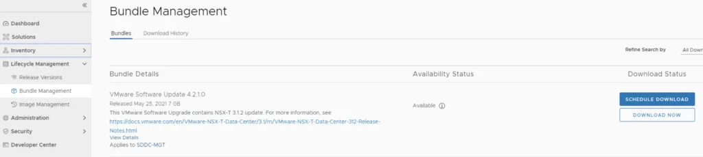 UI shows VMware Software Update 4.2.1.0 available for download.