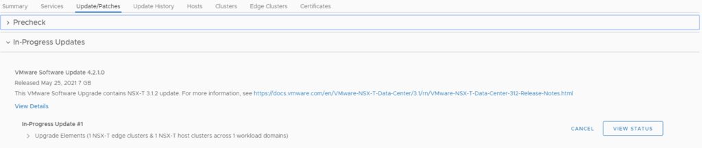 Upgrading VCF 4.3.x to VCF 5: View status of in-progress update.