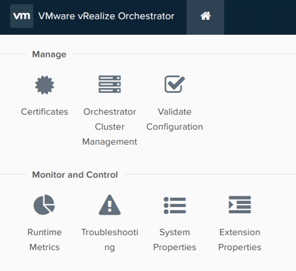 The image shows the vRealize Orchestrator interface with options for managing certificates, clusters, configuration validation, and monitoring and controlling runtime metrics, troubleshooting, syst&mldr;