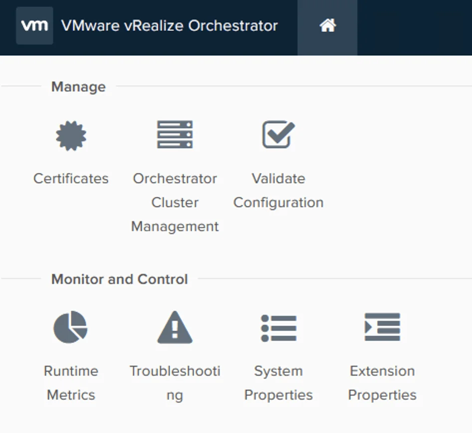 The image shows the vRealize Orchestrator interface with options for managing certificates, clusters, configuration validation, and monitoring and controlling runtime metrics, troubleshooting, syst...
