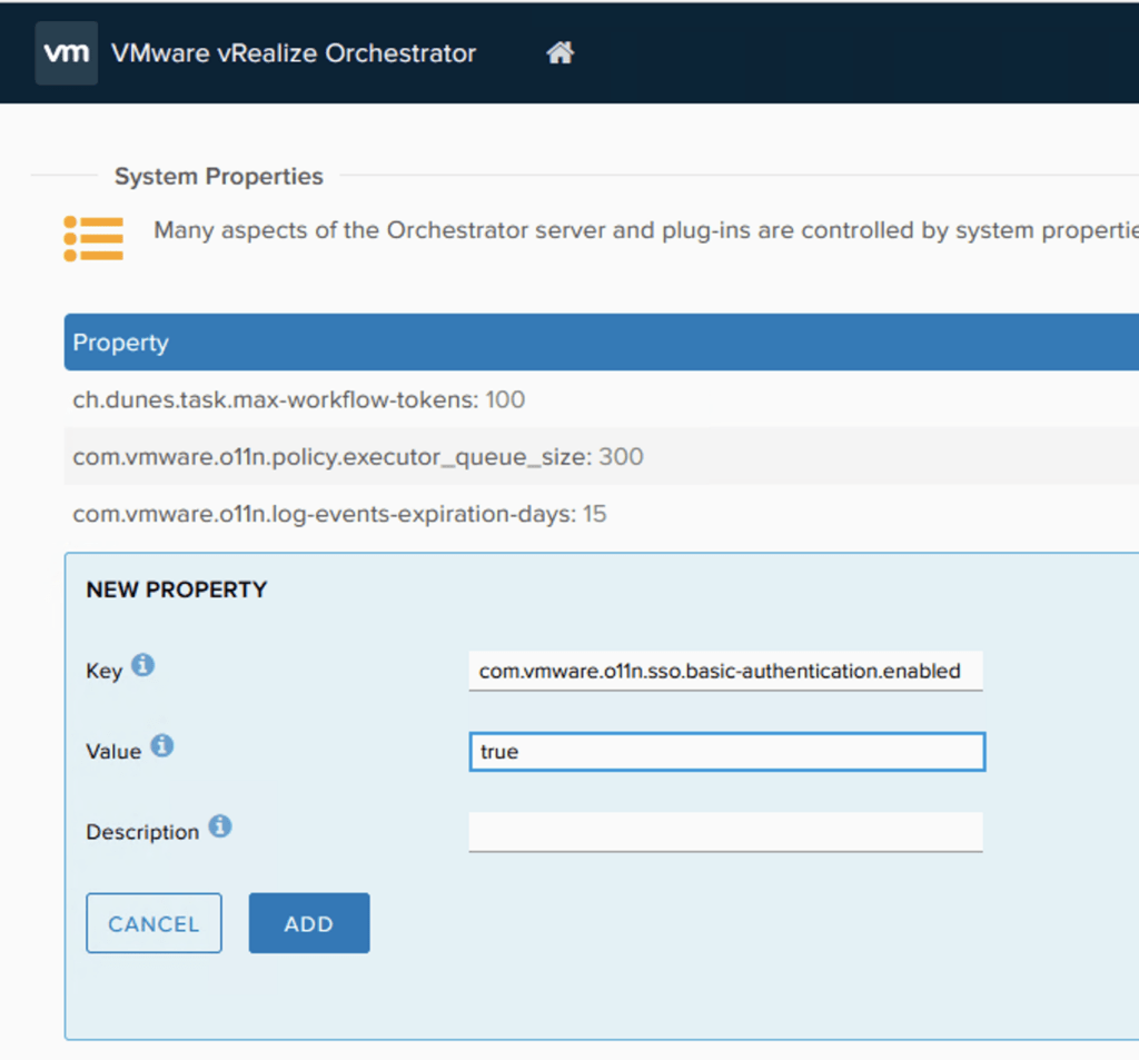 Setting up basic authentication in VMware Orchestrator via system properties.