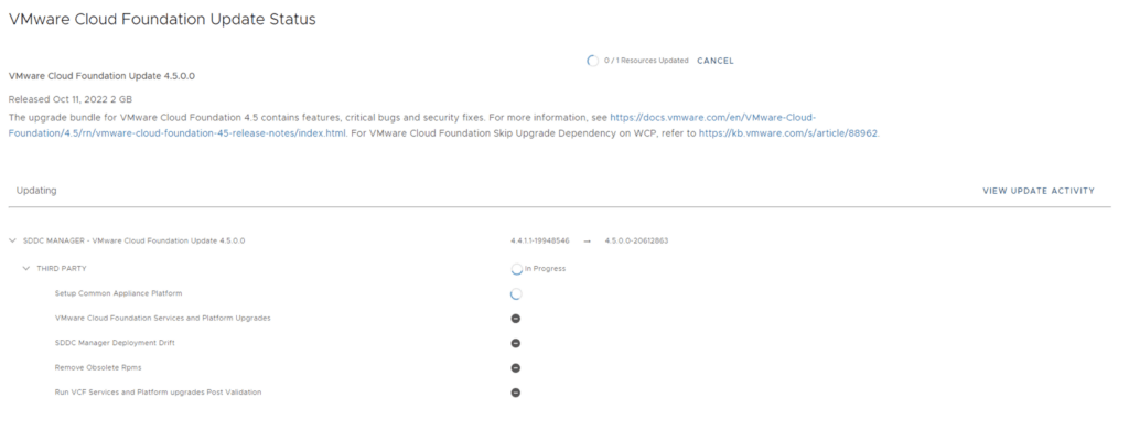 Upgrading VCF 4.4.0 to 4.5.0.0 in progress.