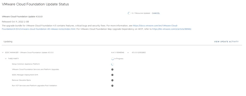 Upgrading VCF 4.4.0 to 4.5.0.0 in progress.