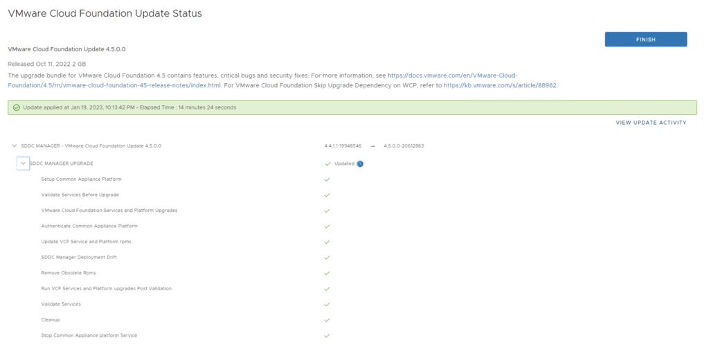 Upgrade completed; click Finish to return to main screen.