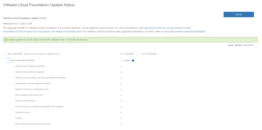 Upgrade completed; click Finish to return to main screen.