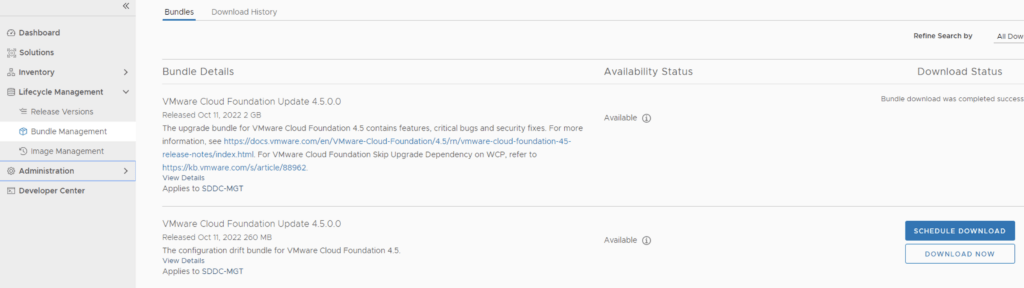 In the screenshot, Lifecycle Management > Bundle Management shows available bundles for VMware Cloud Foundation 4.5.0.0, with options to download.