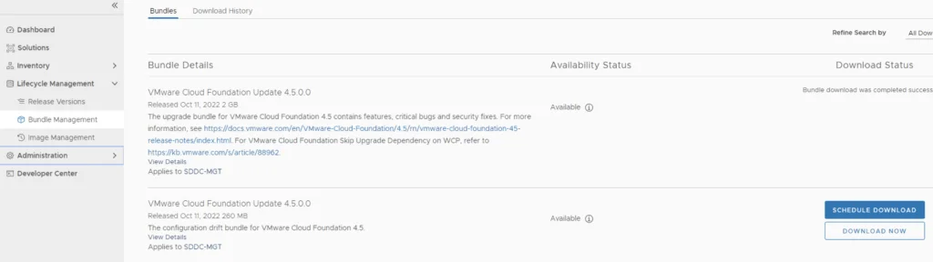 In the screenshot, Lifecycle Management > Bundle Management shows available bundles for VMware Cloud Foundation 4.5.0.0, with options to download.
