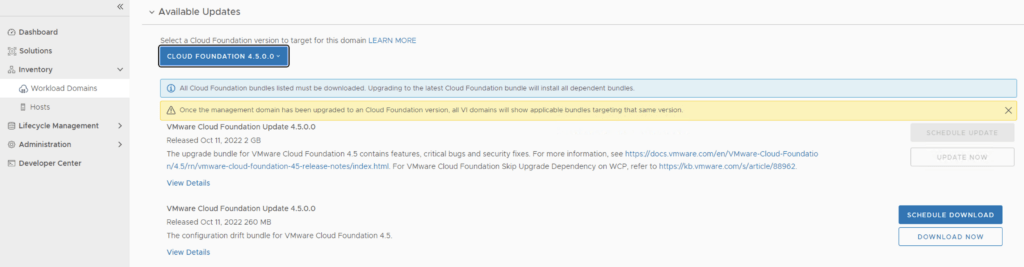 Cloud Foundation 4.5.0 update available, download now or schedule.