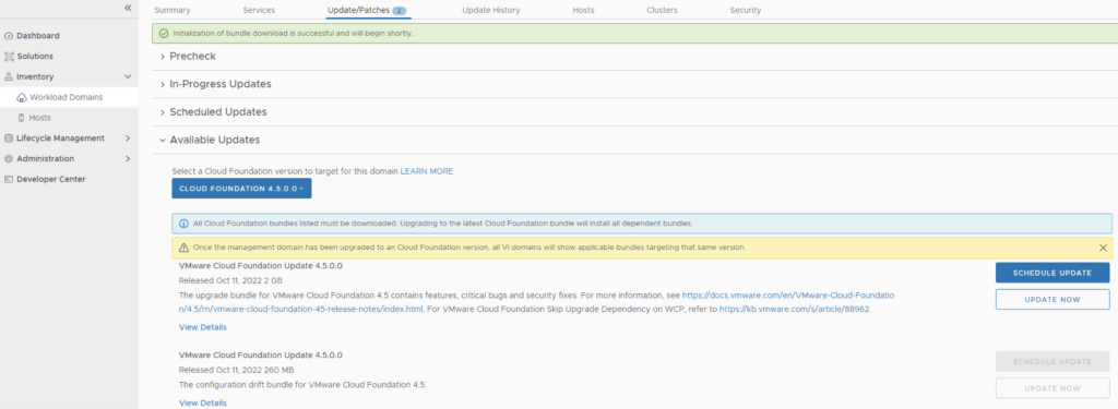 The image shows the VMware Cloud Foundation Update 4.5.0 page with options to schedule or update now.