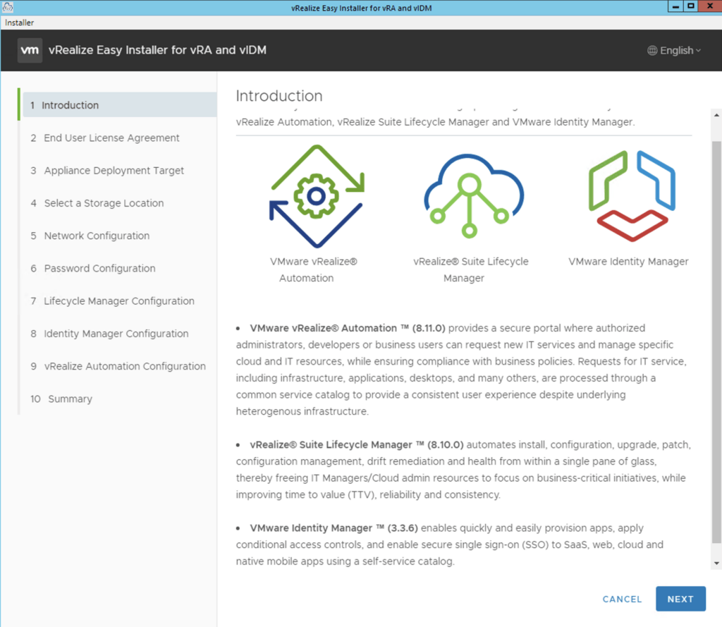 The image shows the Introduction step of the vRealize Easy Installer for vRA and vIDM, highlighting vRealize Automation 8.11, Lifecycle Manager 8.10, and Identity Manager 3.3.6.