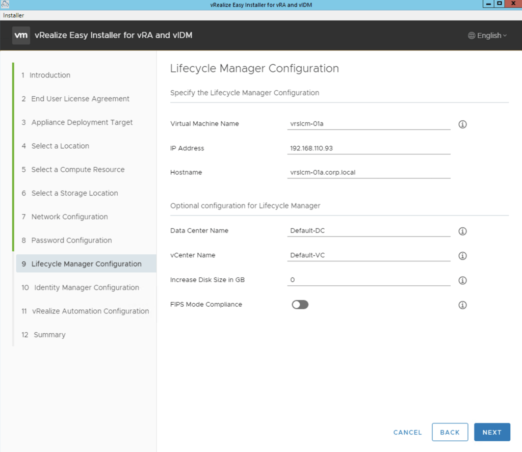 Configure Lifecycle Manager settings in vRA 8.11 Easy Installer wizard.
