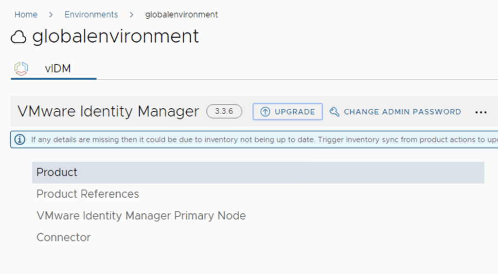 The UI shows VMware Identity Manager version 3.3.6 with an upgrade button.