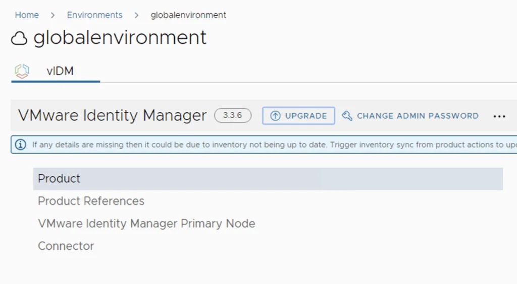 The UI shows VMware Identity Manager version 3.3.6 with an upgrade button.