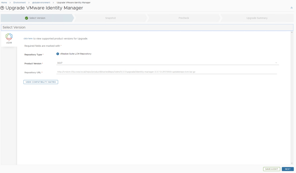 Upgrade VMware Identity Manager wizard showing version selection for 3.3.7.