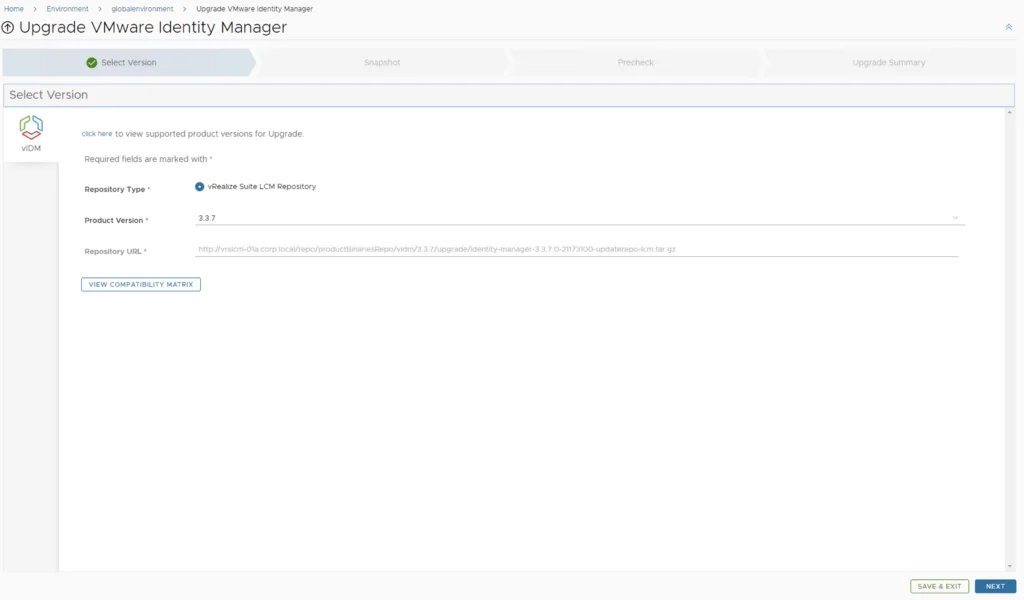 Upgrade VMware Identity Manager wizard showing version selection for 3.3.7.