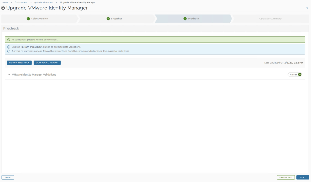 The precheck for upgrading VMware Identity Manager is complete, showing all validations passed.