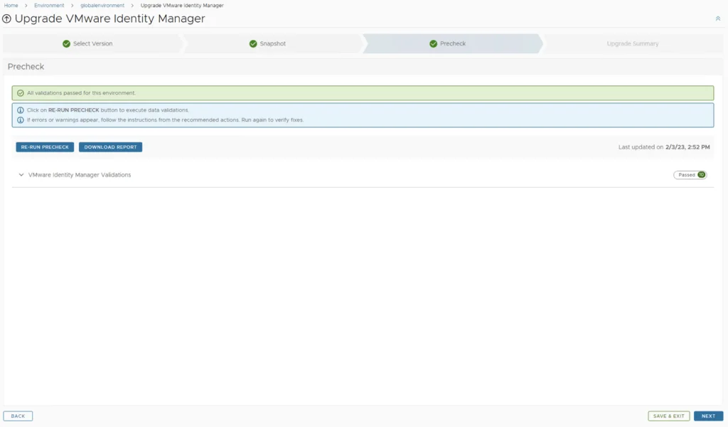 The precheck for upgrading VMware Identity Manager is complete, showing all validations passed.