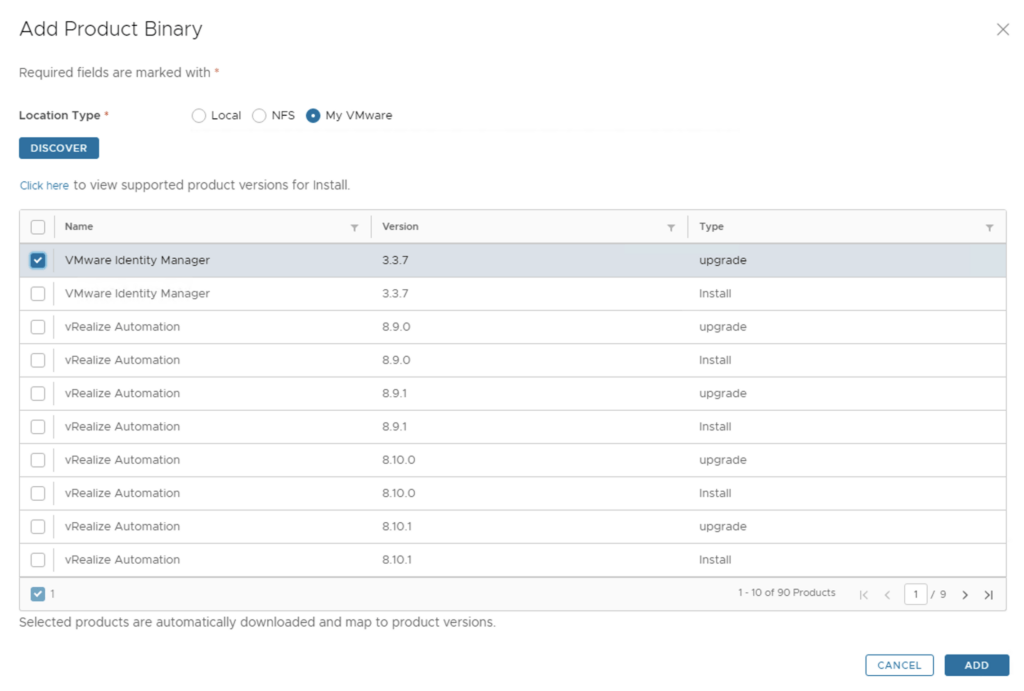 UI shows list of VMware Identity Manager and vRealize Automation binaries, selecting upgrade for 3.3.7.