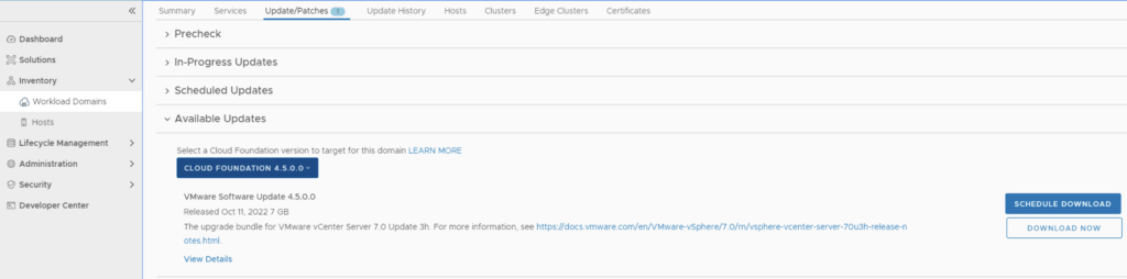 The image shows a dropdown menu for selecting Cloud Foundation version 4.5.0.0 for a workload domain update.