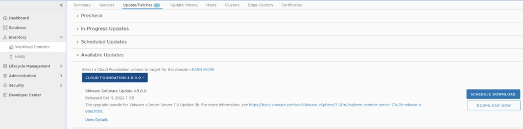 The image shows a dropdown menu for selecting Cloud Foundation version 4.5.0.0 for a workload domain update.