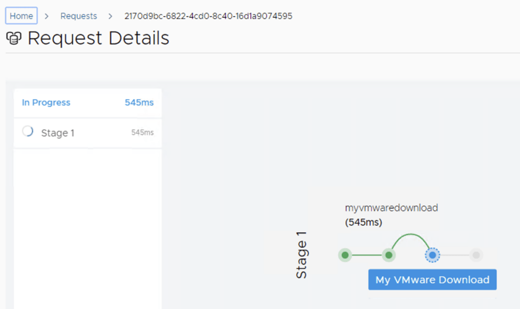 Request details show &ldquo;In Progress&rdquo; with &ldquo;Stage 1&rdquo; at 545ms.