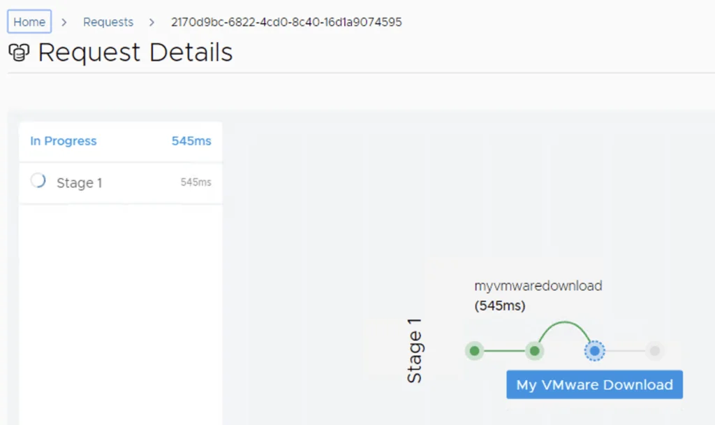Request details show “In Progress” with “Stage 1” at 545ms.