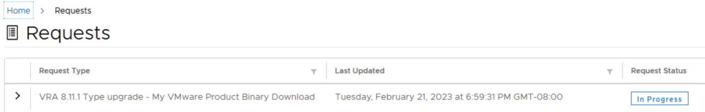 Requests page showing upgrade in progress for VRA 8.11.1.