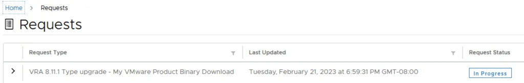 Requests page showing upgrade in progress for VRA 8.11.1.