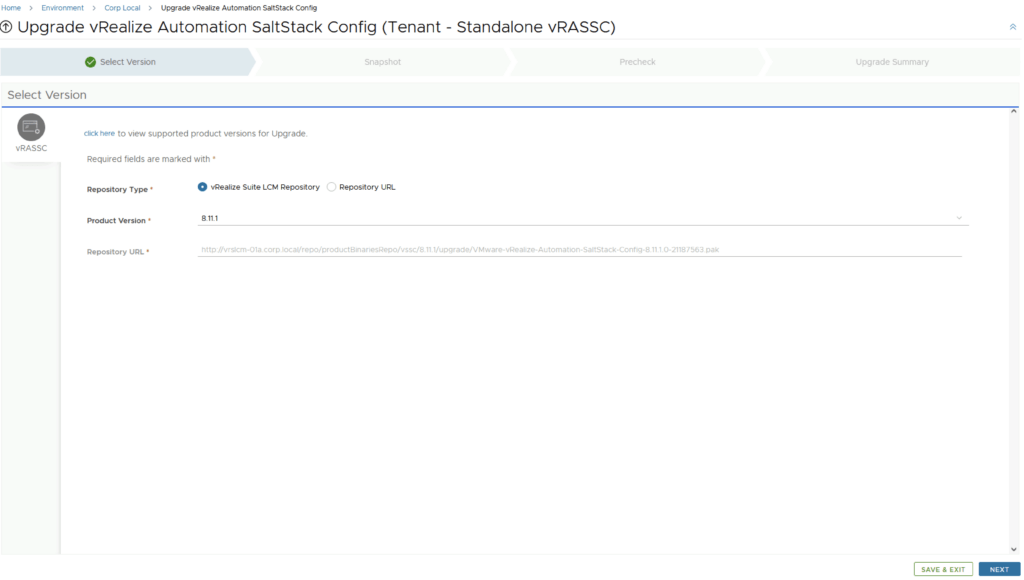 Upgrade wizard step shows selecting vRealize Automation SaltStack Config version 8.11.1.
